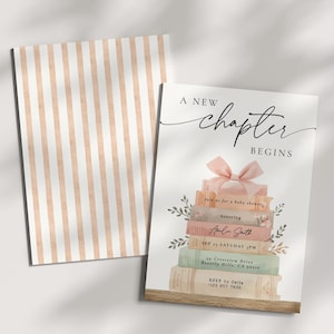 May include: A card with the text "A new chapter begins" and a stack of books with a pink bow. The books are in pastel colors. A second card with peach and white stripes is to the left.