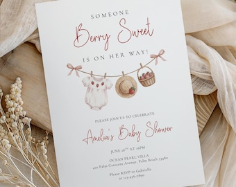 Editable Berry Sweet Baby Shower Invitation Strawberry Baby Shower Invite Custom Template Instant Download