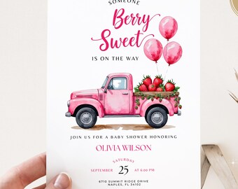 Berry Sweet Baby Shower Invitation Strawberry Theme Girl Editable Coquette Baby Shower Invite Pink Bow Baby Shower Digital Download Invite