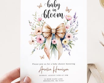 Redigerbar babyshowerinbjudan för baby i blom, rosa rosett, baby i blom, inbjudan för babyshower med vildblomma, flicka, vårblommor, babyshowerinbjudan