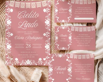 Cielito Lindo ベビーシャワー ガールセット メキシコ タラベラ テーマ 招待状 Cielito Lindo ベビーシャワーの装飾 Papel Picado ベビースプリンクル招待