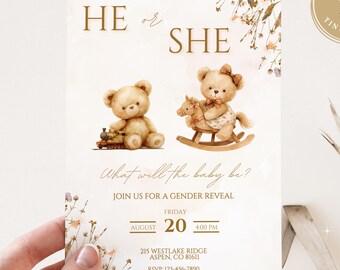 Boho Bear Gender Reveal Invitation Template Bear Reveal Boy or Girl Reveal Invite Bear Wildflowers Gender Reveal Neutral Reveal Invite
