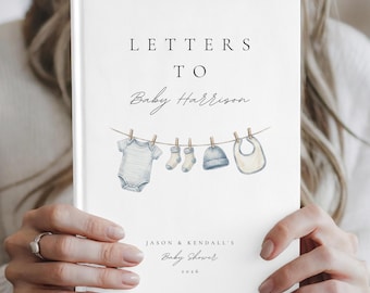 Personalized Blue Baby Shower Guest Book Custom Letters to Baby Boy Memory Keepsake Made With Love Customizable Baby Shower Book
