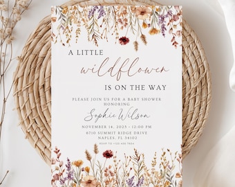 Bewerkbare babyshower met wilde bloemen Een beetje wilde bloem is onderweg nodig baby in bloei bloemen herfst babyshower digitale download
