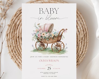 Baby In Bloom Baby Shower Invitation Pink Bow Wildflower Baby Shower Invite Template Floral Baby Shower Invite For Girl Editable Canva