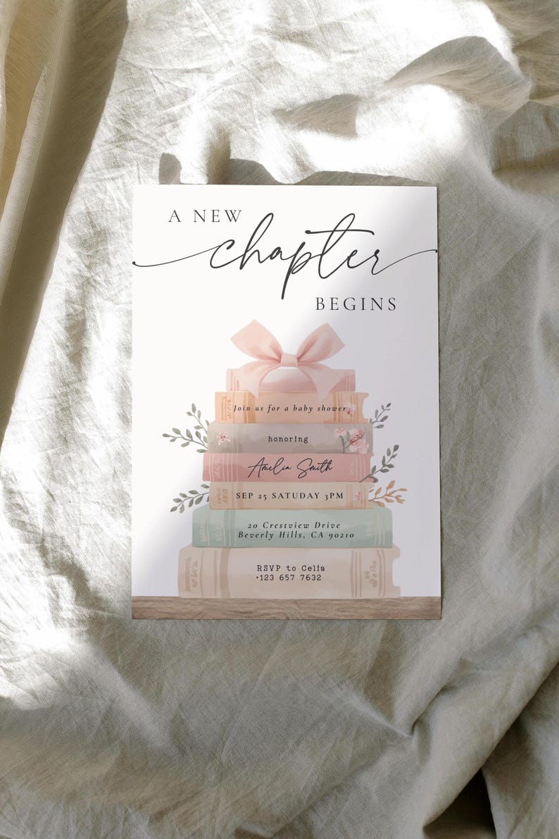 May include: Baby shower invitation with a stack of books, a pink bow, and floral accents. The text reads "A New Chapter Begins" and includes event details: Amelia Smith, September 25th, 3 PM, and an address.