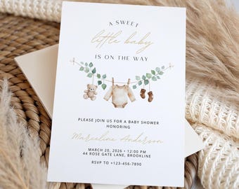 Gender Neutral Baby Shower Invitation Baby Clothes Baby Shower Editable Template Neutral Eucalyptus Editable Minimalistic Invite