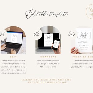 May include: A step-by-step guide for creating a baby shower invitation template. The image shows a laptop, phone, and printed card with instructions to edit, download, and print. The text says "Editable template".