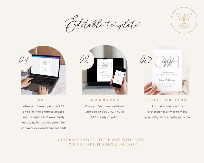 May include: A step-by-step guide for creating a baby shower invitation template. The image shows a laptop, phone, and printed card with instructions to edit, download, and print. The text says "Editable template".