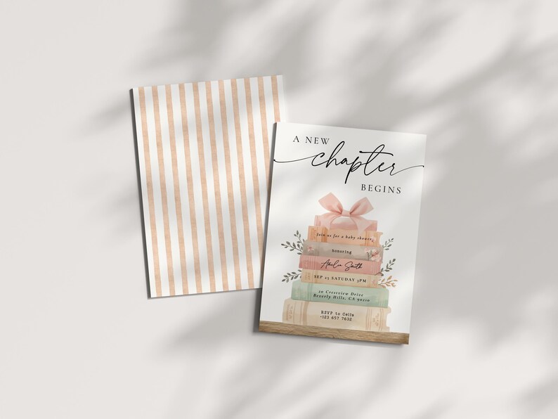 May include: A card with the text "A new chapter begins" and a stack of books with a pink bow. The books are in pastel colors. A second card with peach and white stripes is to the left.