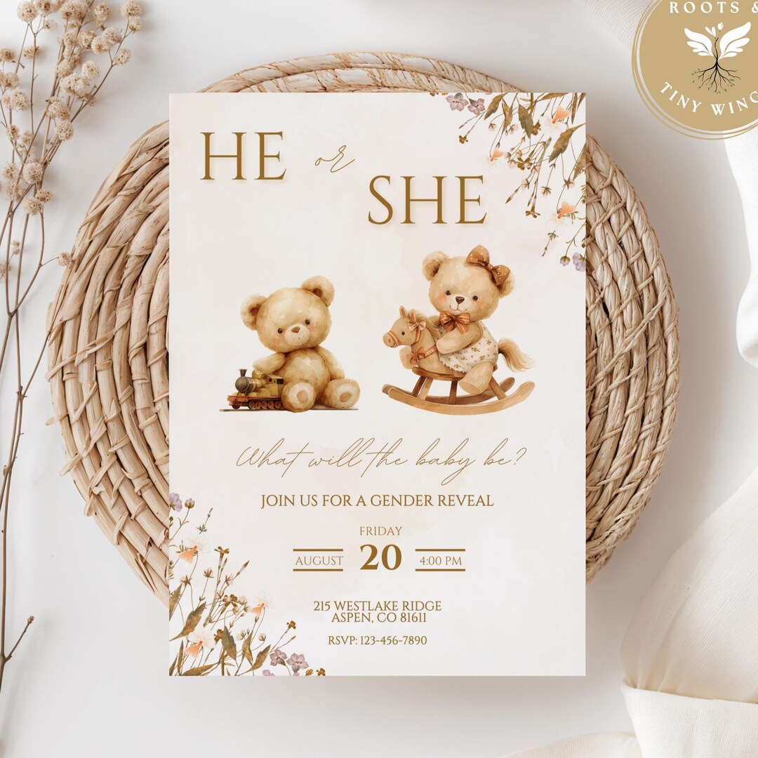 Floral Boho Bear Gender Reveal Invitation Template Bear Reveal Boy or ...