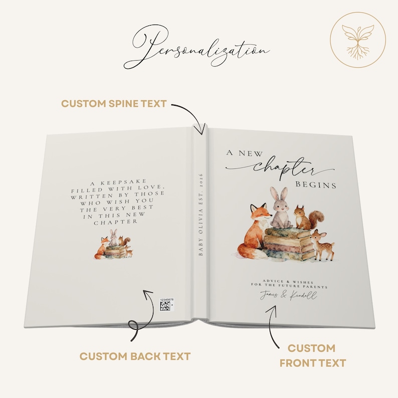 May include: Open book with a watercolor illustration of woodland animals. The cover reads "A New Chapter Begins" with space for custom text. The spine and back cover also have text, with a QR code on the back.