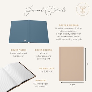 May include: A journal with a blue cover, open to reveal lined pages. The journal is 5.75" x 8" with 150 lined pages. The cover is matte laminated with a durable casewrap binding and sewn spine.