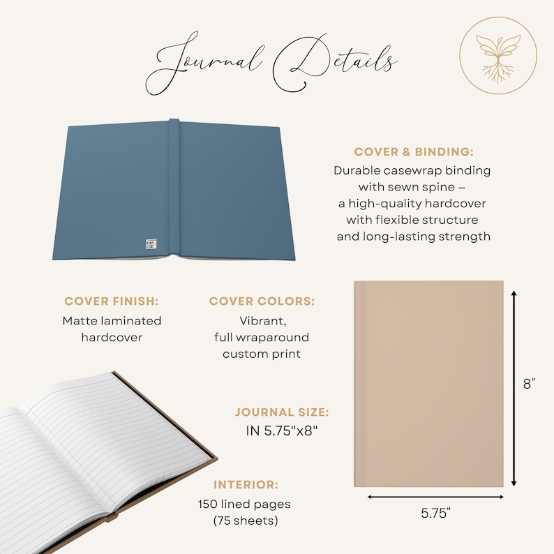 May include: A journal with a blue cover, open to reveal lined pages. The journal is 5.75" x 8" with 150 lined pages. The cover is matte laminated with a durable casewrap binding and sewn spine.