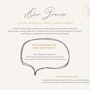 May include: Cream-colored graphic with the text "Our Promise" and "Your Satisfaction Comes First." A speech bubble reads "Have Questions or Need Assistance?" with contact information. A logo of a bird is in the upper right corner.