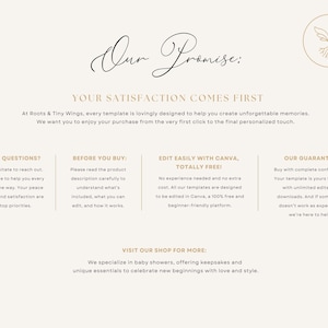 May include: Cream-colored graphic with the text "Our Promise" in elegant script. The text below states "Your Satisfaction Comes First" and details about the shop's offerings, including Canva templates and a guarantee.