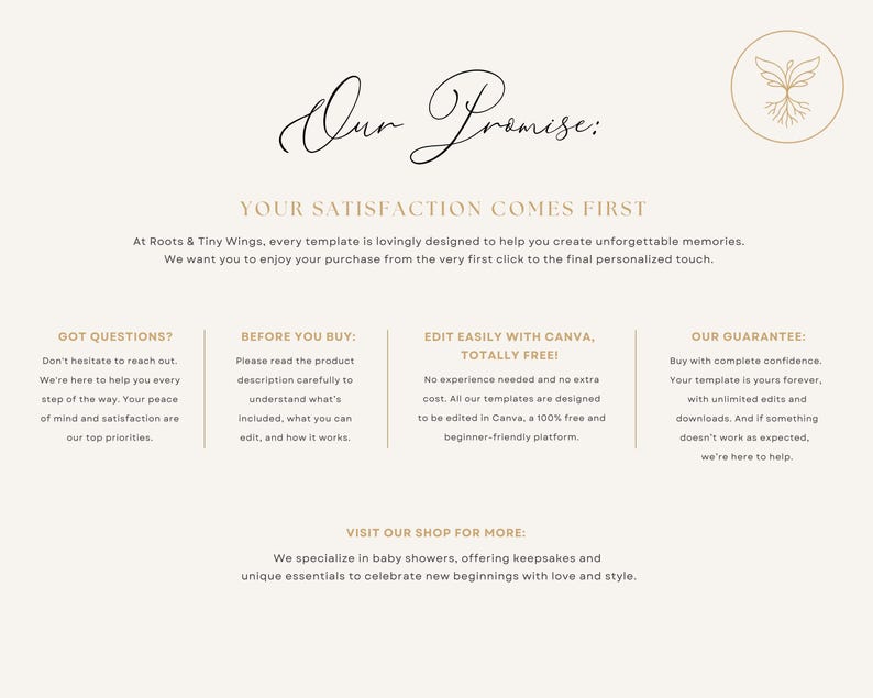 May include: Cream-colored graphic with the text "Our Promise" in elegant script. The text below states "Your Satisfaction Comes First" and details about the shop's offerings, including Canva templates and a guarantee.