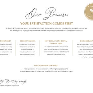 以下が含まれることがあります： 「Our Promise: YOUR SATISFACTION COMES FIRST」のテキストとショップ情報が記載された白いグラフィック。ショップはベビーシャワー、記念品、必需品を専門としています。ロゴは、木と翼の付いた金の円です。