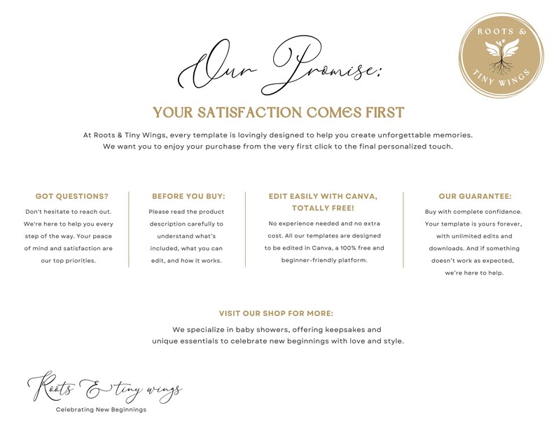 以下が含まれることがあります： 「Our Promise: YOUR SATISFACTION COMES FIRST」のテキストとショップ情報が記載された白いグラフィック。ショップはベビーシャワー、記念品、必需品を専門としています。ロゴは、木と翼の付いた金の円です。