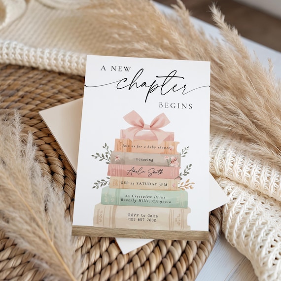 A New Chapter Begins Storybook Baby Shower Invitation Wildflower Book Theme Girl Baby Shower Invite Editable Canva Template Pink Bow Baby