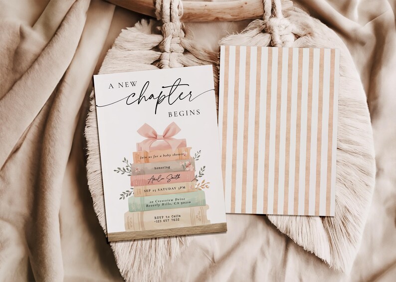 May include: A baby shower invitation with the text "A New Chapter Begins" and a stack of books topped with a pink bow. The invitation includes event details and a striped card.