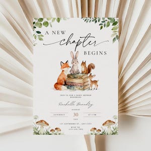 Editable A New Chapter Begins Baby Shower Invitation, Woodland Baby Shower Invite, Gender Neutral, Woodland Theme Invites, Canva Template