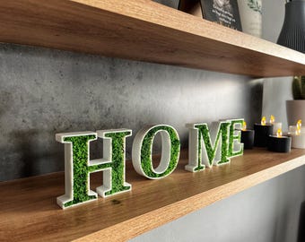 Scritta decorativa a scelta (HOME) realizzata in muschio stabilizzato – lettere 3D decorazione da parete / decorazione da scaffale – idea regalo per il soggiorno e per l'inaugurazione della casa