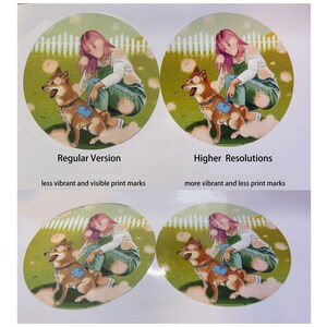 Op de afbeelding: Ronde sticker met een illustratie van een persoon met roze haar die een Shiba Inu-hond aait op een groene achtergrond. De teksten "Regular Version" en "Higher Resolutions" worden boven de afbeeldingen weergegeven. De tekst "less vibrant and visible print marks" en "more vibrant and less print marks" zijn ook aanwezig.