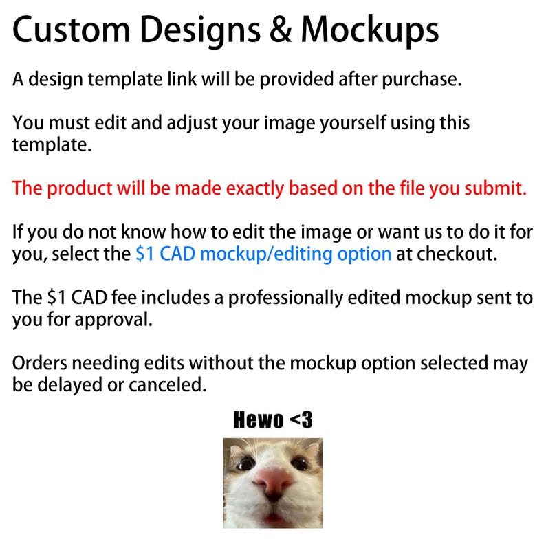 Op de afbeelding: Afbeelding met tekst: "Custom Designs & Mockups". Instructies omvatten het bewerken van een sjabloon en een mockup/bewerkingsoptie van &euro;0,70. Een kattengezicht met de tekst "Hewo <3" staat onderaan.