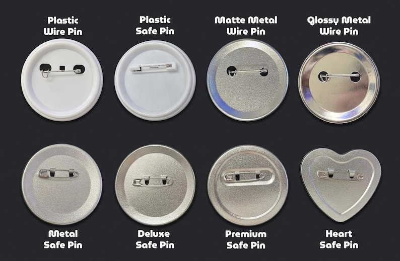 Op de afbeelding: Een assortiment van buttonspelden, inclusief plastic en metalen opties, met verschillende speldstijlen. De afbeelding toont verschillende afwerkingen, zoals mat en glanzend metaal, en een hartvormige speld. Tekstlabels identificeren elk type.