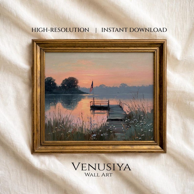 Patriotic Lake Sunset Oil Painting, American Flag at the Dock, Nostalgic Americana Art, Quiet Morning Lake Landscape, Rustic Cabin Decor — image 1