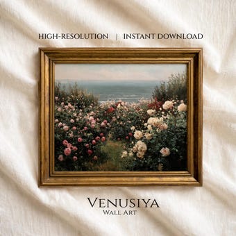 Lush Blooms Overlooking Ocean, Vintage French Countryside Wall Art, Antique Landscape Painting, Rustic Farmhouse Decor, Digital Download