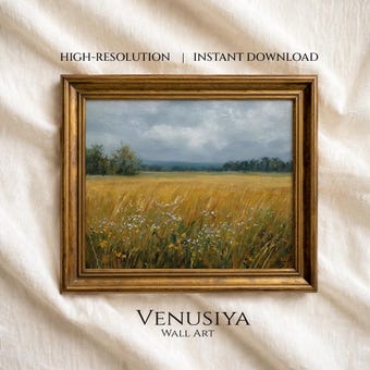 Vintage Wildflower Meadow Painting, Rustic Landscape Field Painting, Moody Countryside Decor, Bedroom decor, Antique Heritage Farmhouse Art