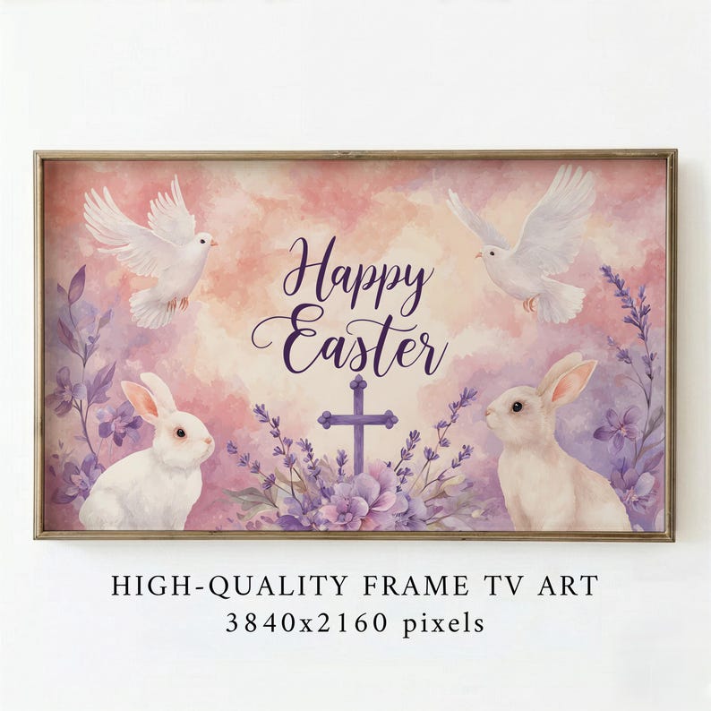 Christian Easter Cross Frame TV Art, Doves, Bunnies, Faith Wall Art — image 1