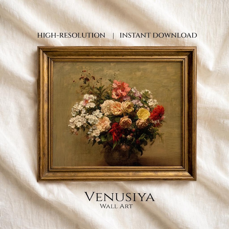 Vibrant Flowers, Summer Floral Arrangement, Botanical Painting, Vintage Heritage Print, Moody Floral Wall Art, Digital Download — image 1