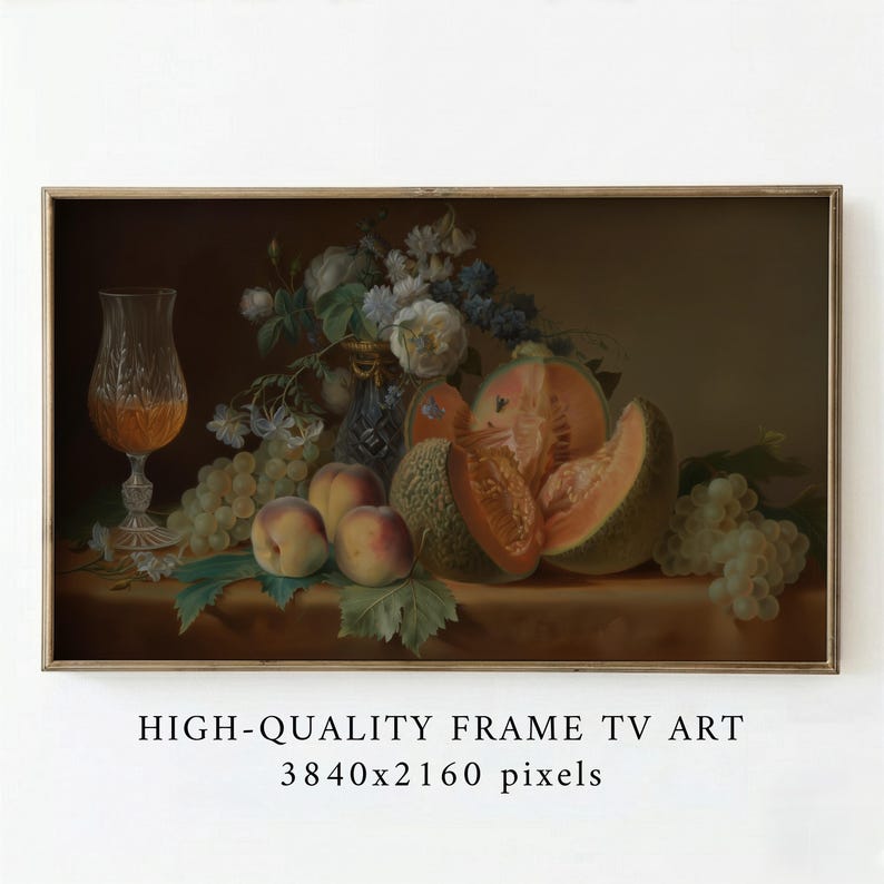 Vintage Fruits Arrangement Samsung Frame TV Art, Melon, Peaches, Grapes, Heritage Artwork, Digital Download — image 1