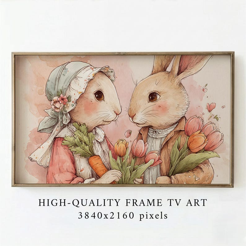 Easter Bunny Frame TV Art, Watercolor Bunnies Tulips Carrots — image 1