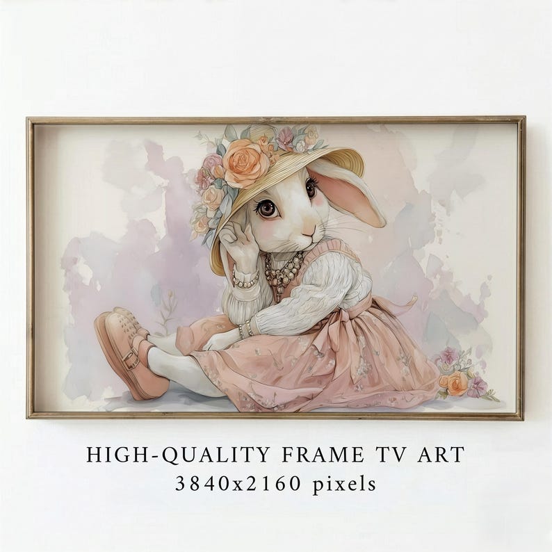 Bunny Girl Frame TV Art, Cute Pastel Artwork Spring & Easter Display Decor, Storybook Style Art — image 1