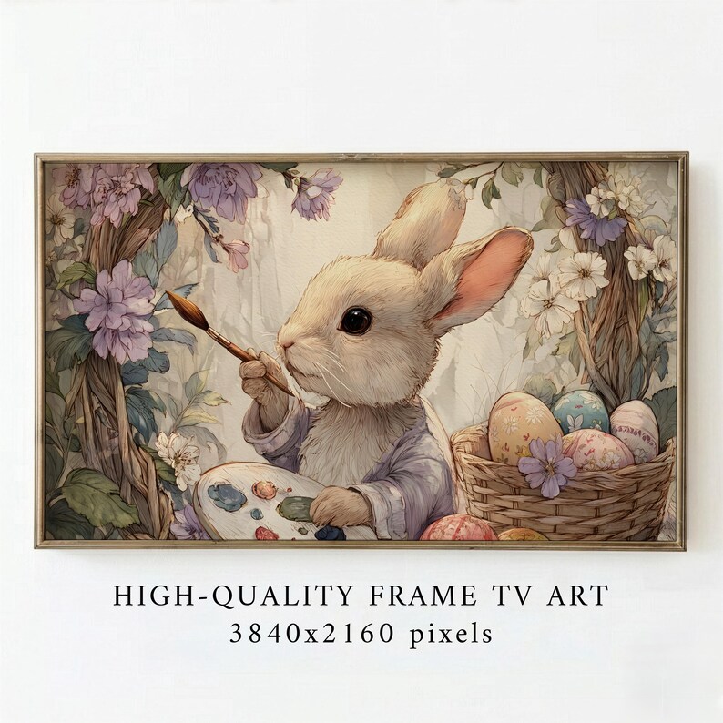 Artist Easter Bunny Frame TV Art, Whimsical Spring Painter Rabbit — image 1