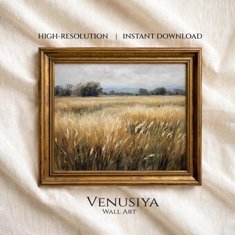 Moody Golden Grass Oil Painting, Autumn Meadow Landscape Wall Art, Rustic Prairie Field Print, Neutral Farmhouse Decor, Digital Download