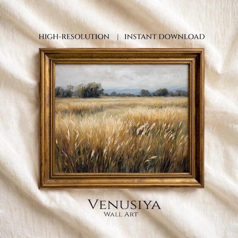 Moody Golden Grass Oil Painting, Autumn Meadow Landscape Wall Art, Rustic Prairie Field Print, Neutral Farmhouse Decor, Digital Download — image 1