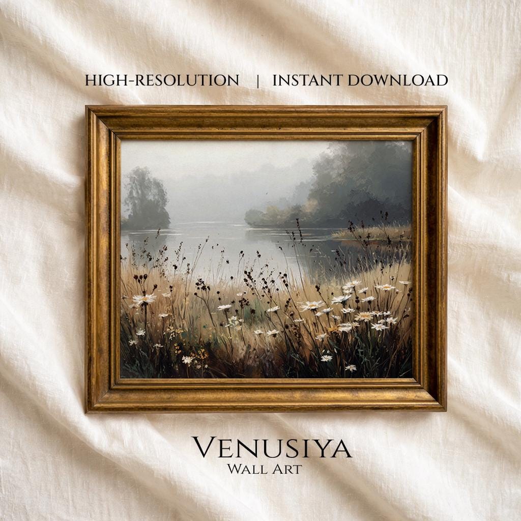 Vintage Lakeside Landscape Painting