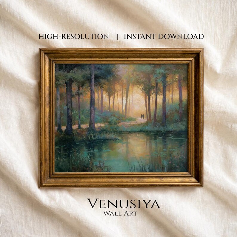 Misty Forest Landscape Print: Serene Lakeside Painting, Rustic Nature Wall Art — image 1