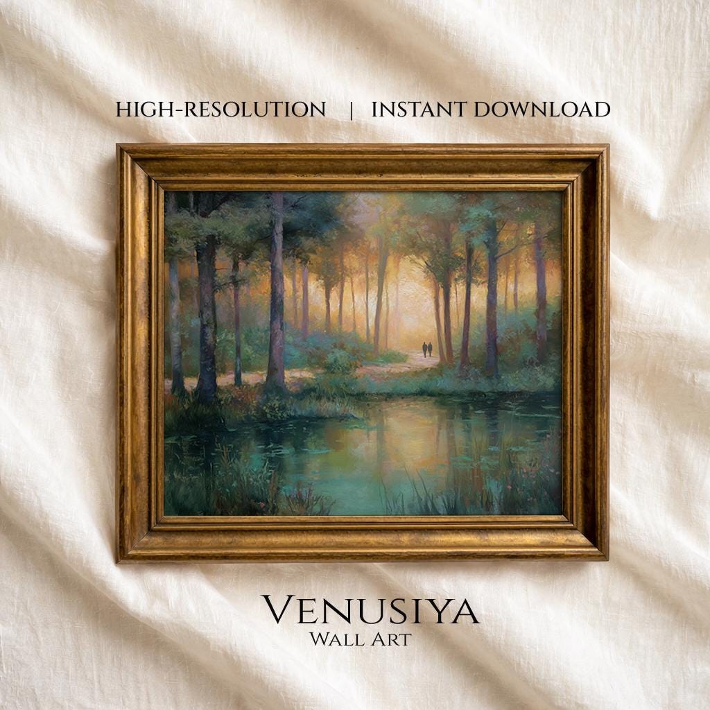 Misty Forest Landscape Print: Serene Lakeside Painting