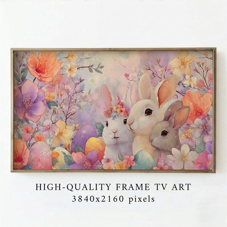 Easter Bunny Family Frame TV Art, Whimsical Storybook Garden Scene — image 1