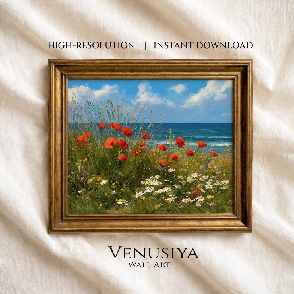 Printable Coastal Wildflower Landscape Painting