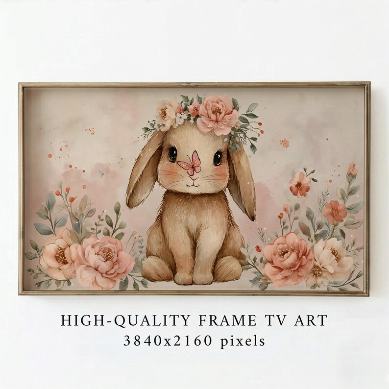 Easter Bunny Frame TV Art, Baby Rabbit Butterfly Watercolor — image 1