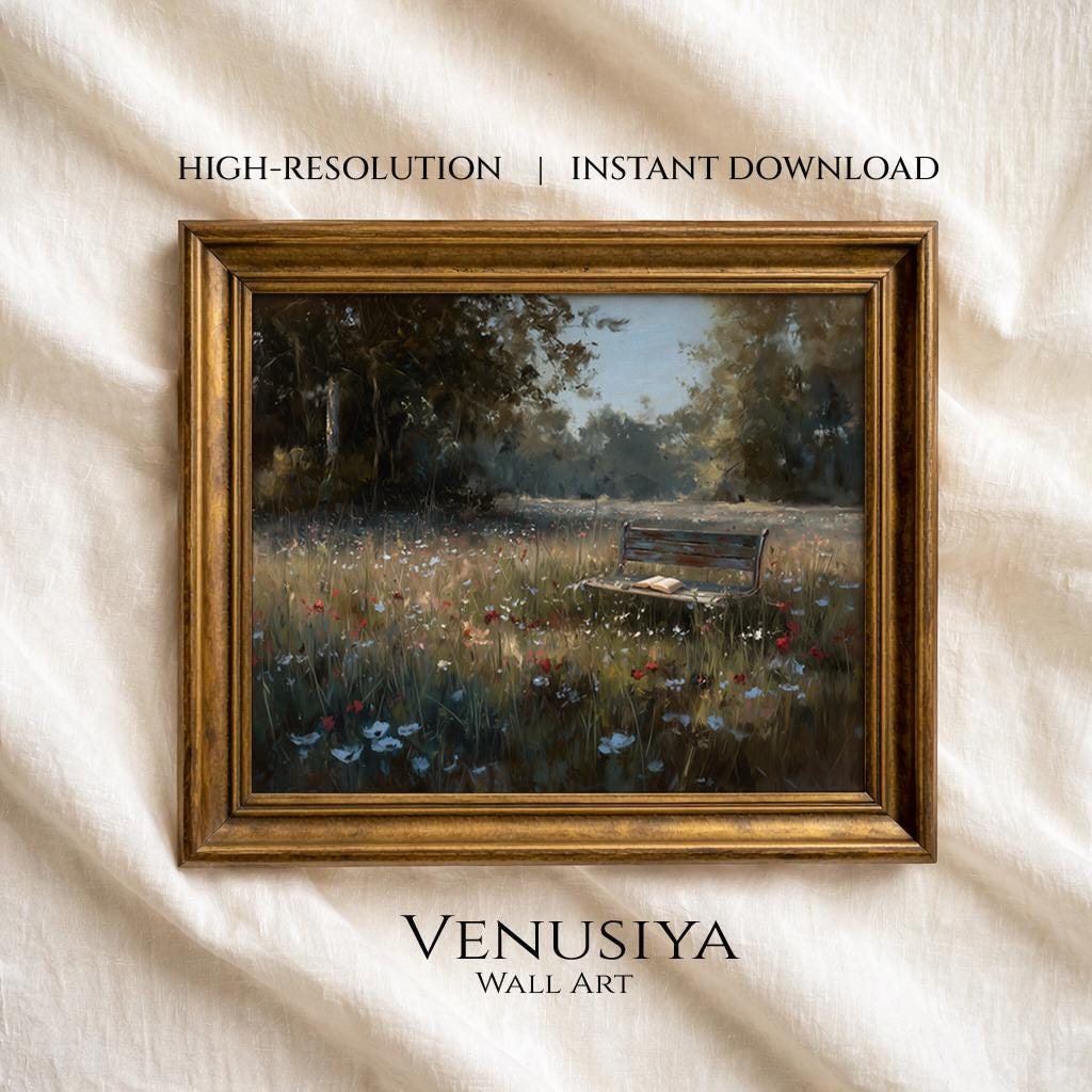 Printable Meadow Bench Landscape Painting