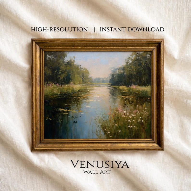 Serene Impressionist Landscape Oil Painting of Tranquil River Scene | Wall Art, Nature Decor, Earth Tones, Lush Greenery, Floral Highlights — image 1