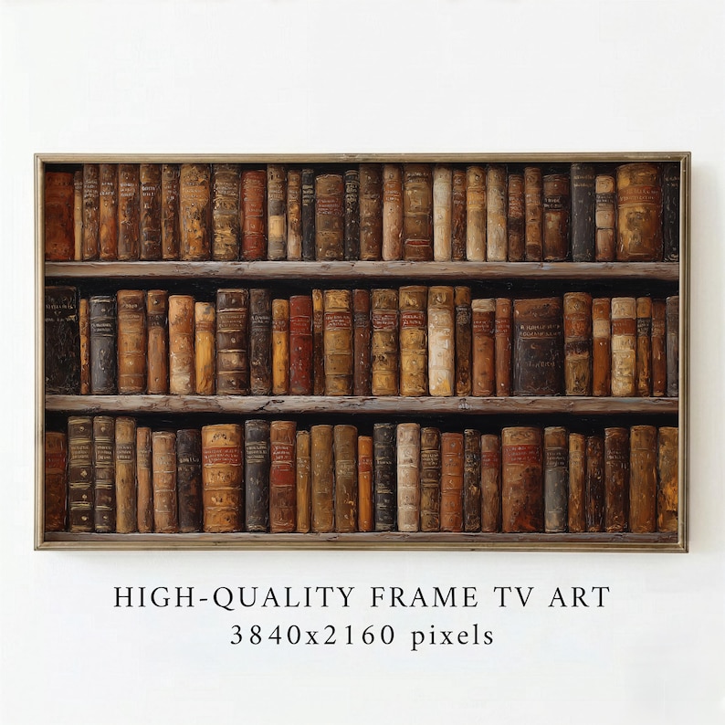 Vintage Bookshelf Frame TV Art, Triple Stacked Books Wallpaper — image 1